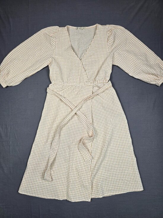 All In Love Dresses & Skirts - Gingham Wrap Dress Beige & White Puff Sleeve Midi Size M Boho Cottagecore
